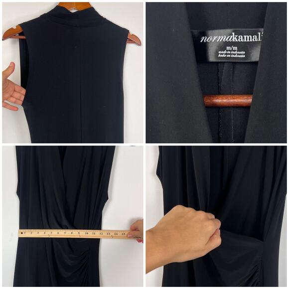 Norma Kamali Black Draped Surplice Midi Dress M Sleeveless Stretch Bodycon - Picture 8 of 11
